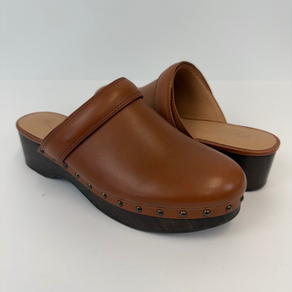 Madewell Leather Clog Mules Brown Wooden Platform Size 8 Studded Trim Slip On